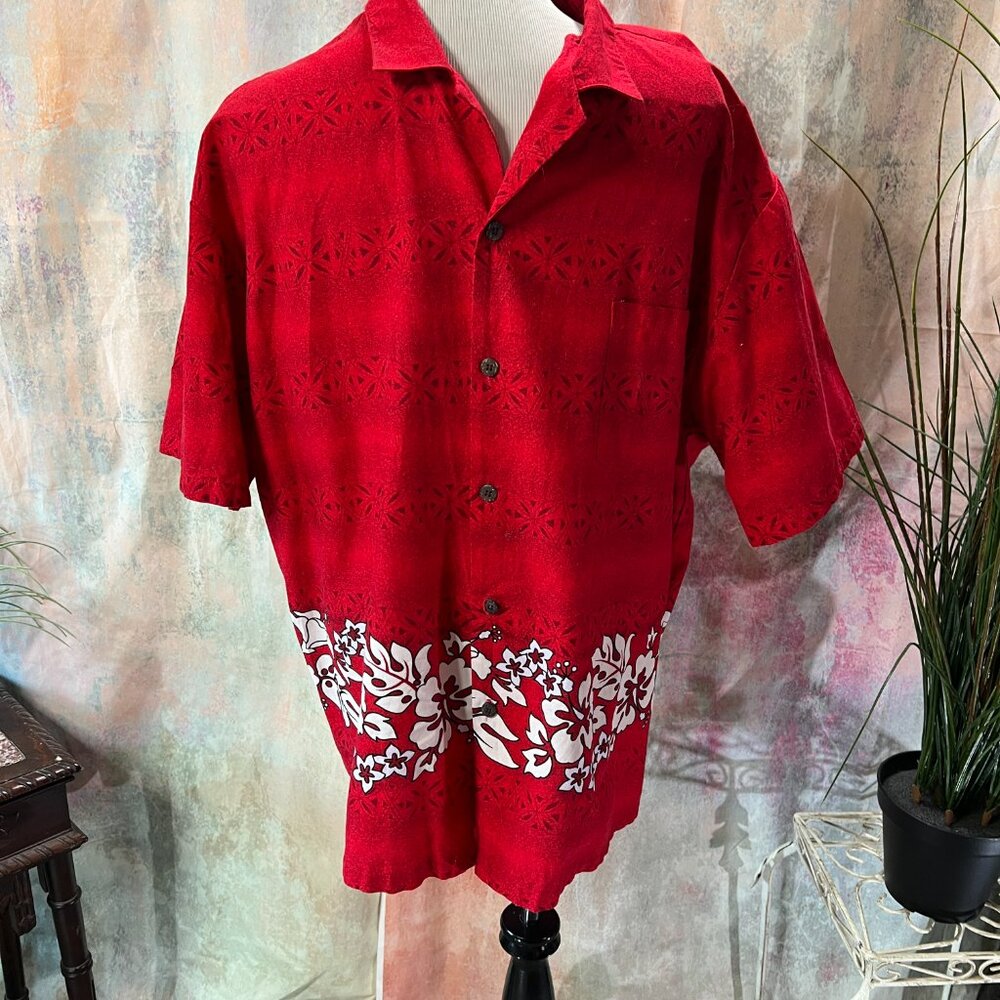 VTG📌Honu Clothing Com Hawaii Hawaiian Aloha Cotton Shirt Red w/ White Flowers